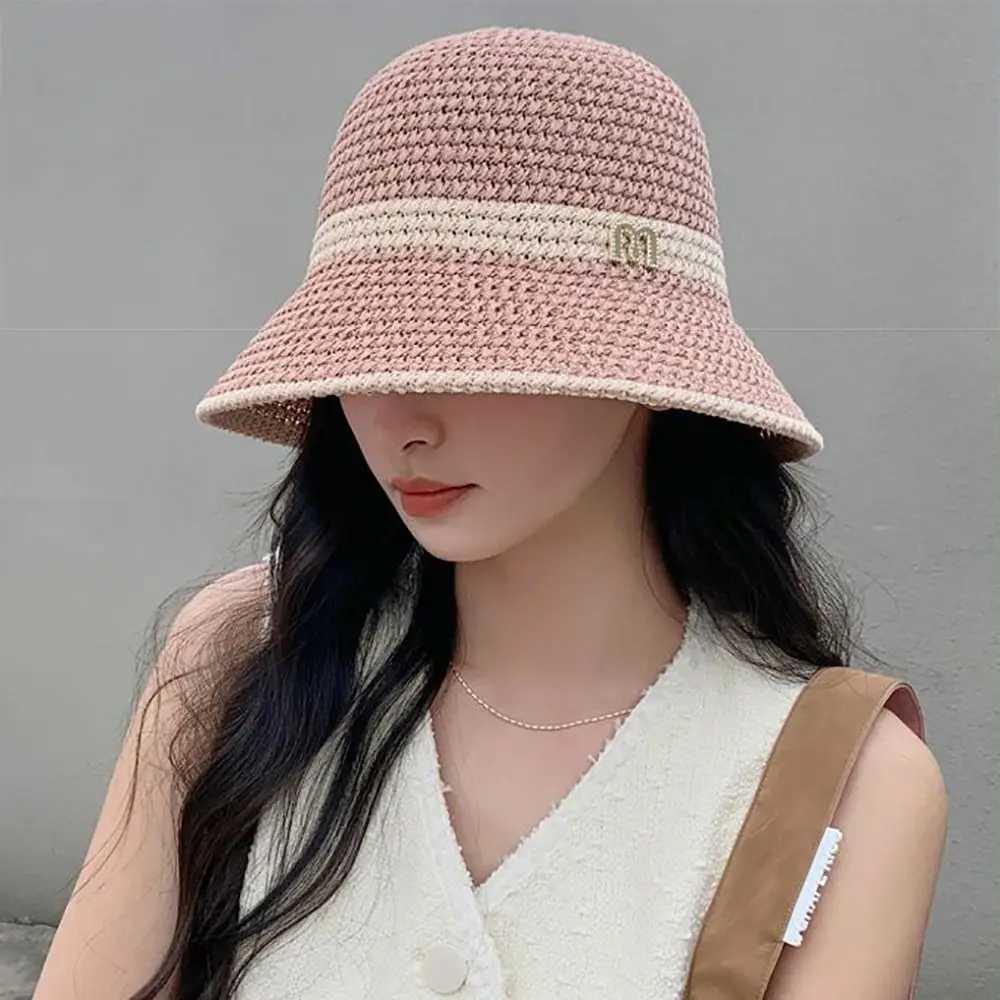 Summer Women Fisherman Hat Anti UV Foldable Letter Decor Holiday Beach Bucket Hat Sun Cap M250616