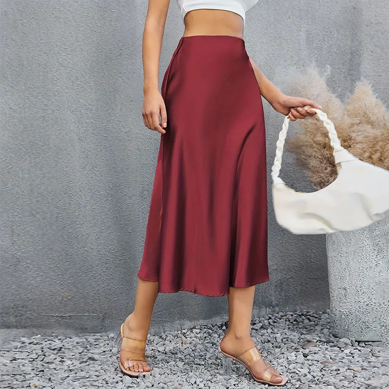 Satin Skirts for Women Korean Style Champagne Office High Waist A-line Skort Fashion Elegant Solid Long Pencil Skirt Silk Like 250614