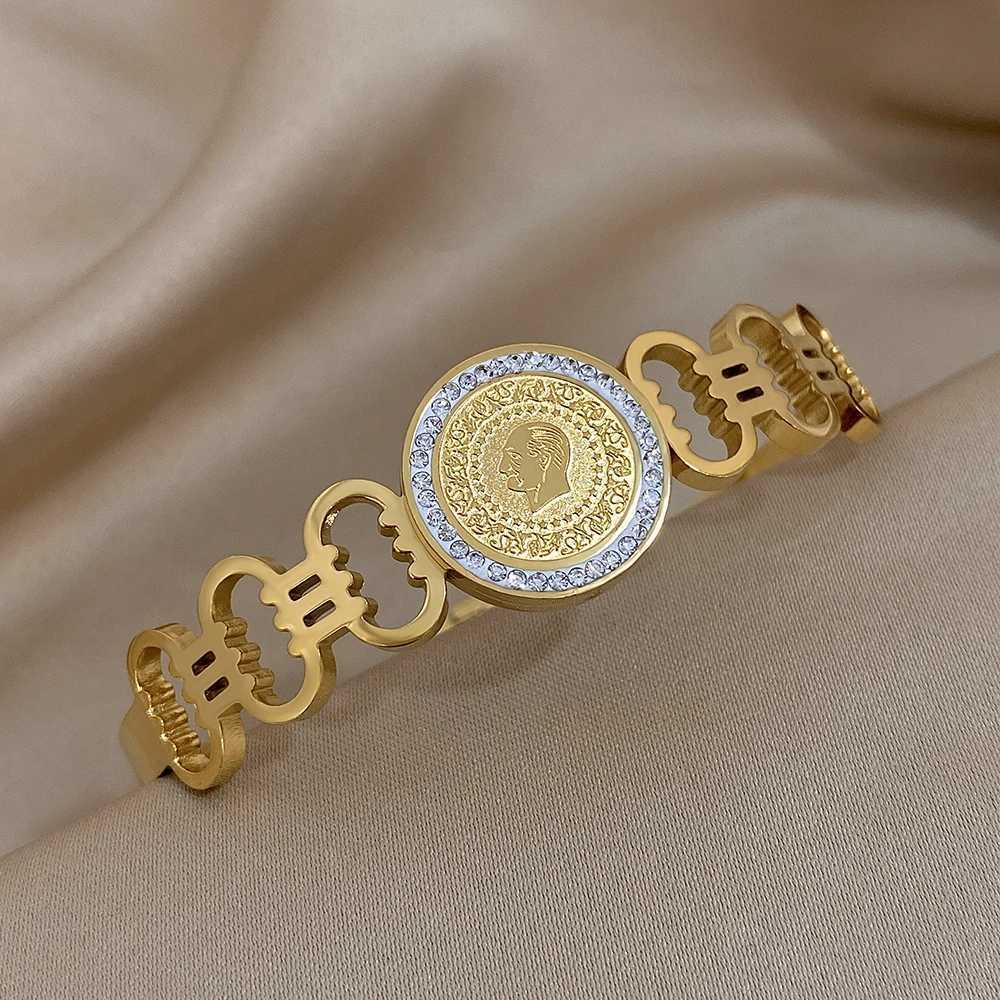 Fashion Rhinestone Coin Gold Plated Stainless Steel Irregular Geometric Wide Cuff Bangle Waterproof Jewelry Z250616