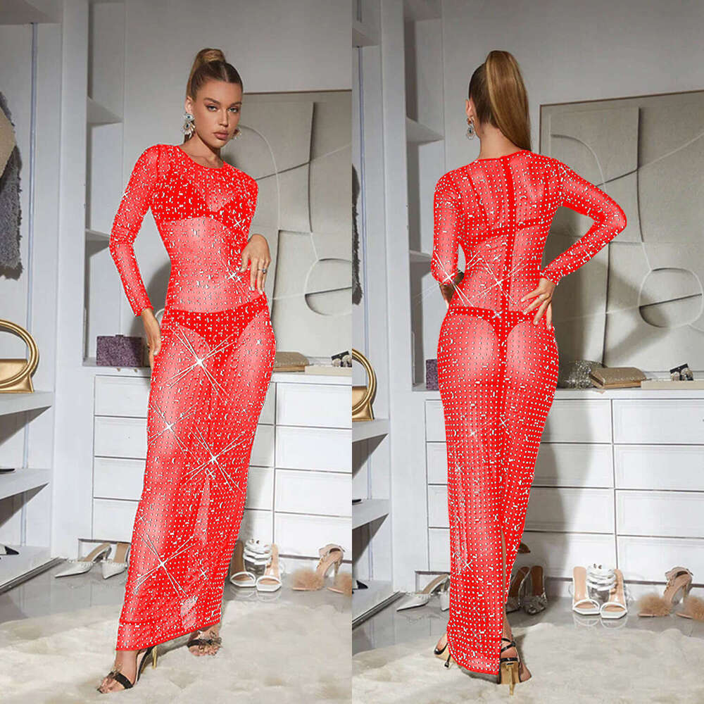 European and American Fashion Women's Solid Color Mesh Rhinestone Sleeve Long Dress 2025 Elegant Versatile New Trendy Clothing Ins