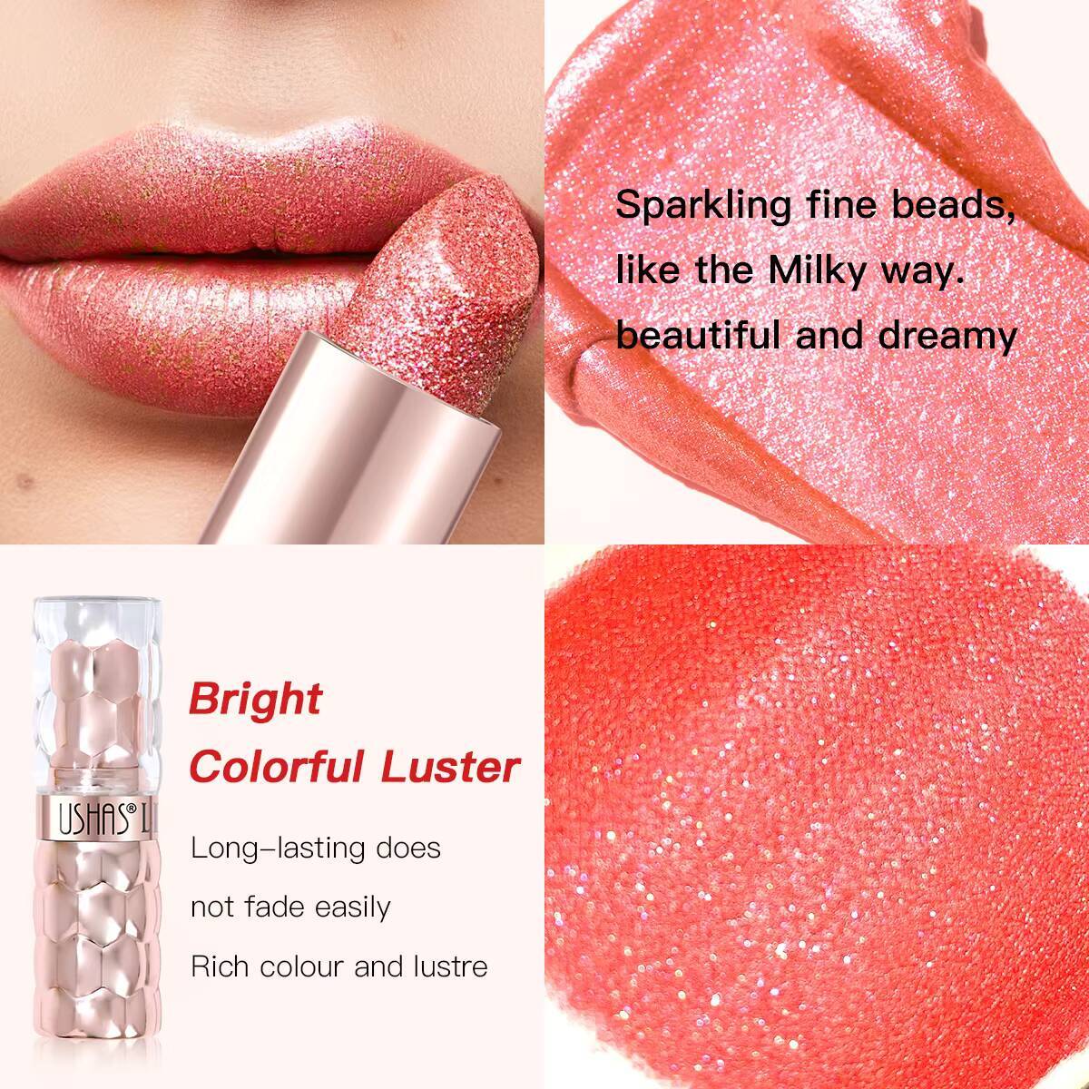 USHAS 12 Colors Glitter Lipstick Long Lasting Diamond Pearlescent Metallic Lipsticks For Christmas Moisturizing Lip Makeup happy