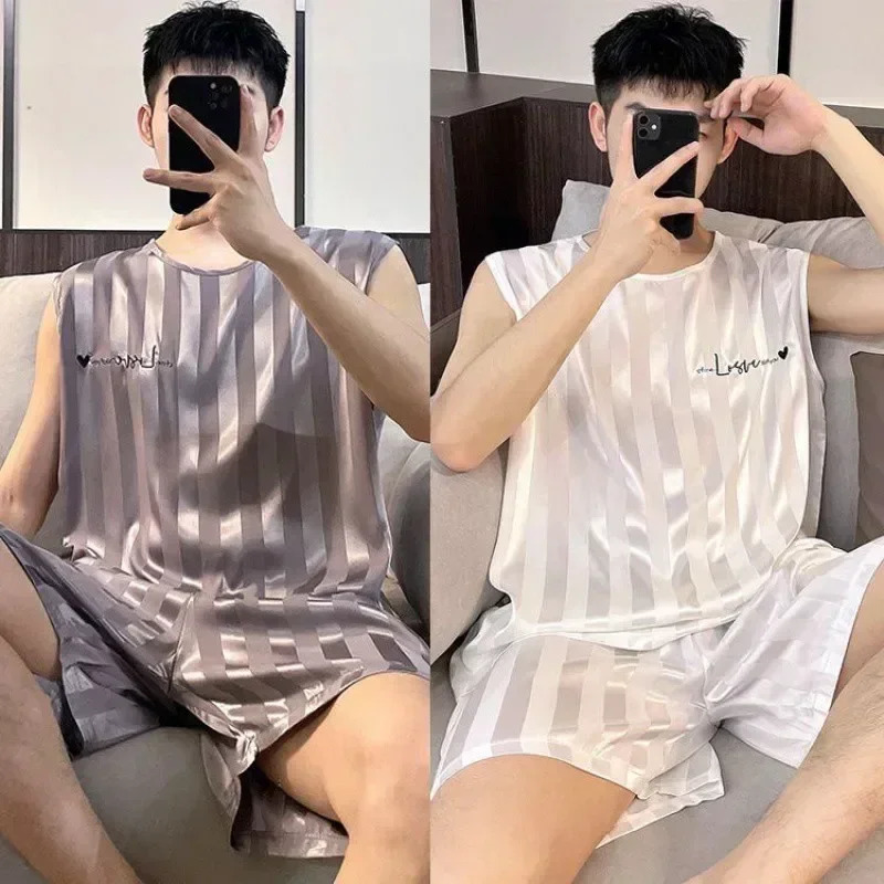 Pajamas Mens Ice Silk Thin Vest Shorts Loungewear Set Large Size Sleeveless Comfortable Casual 250614