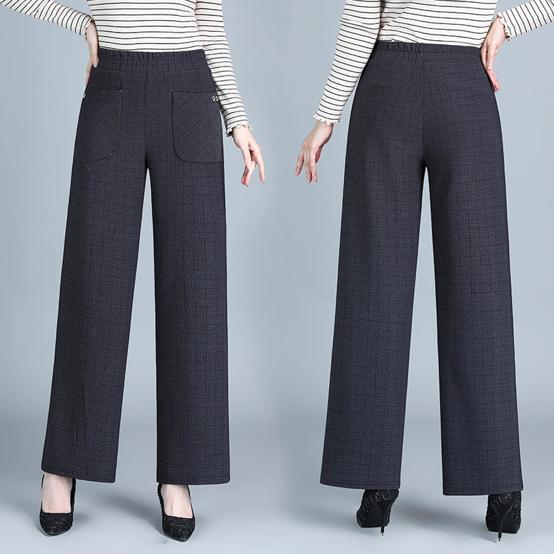 Autumn grid plus Size Pants Women Elastic High Waist Wide Leg Velvet Pant Korean Widdleaged Elderly Women Trousers 250609