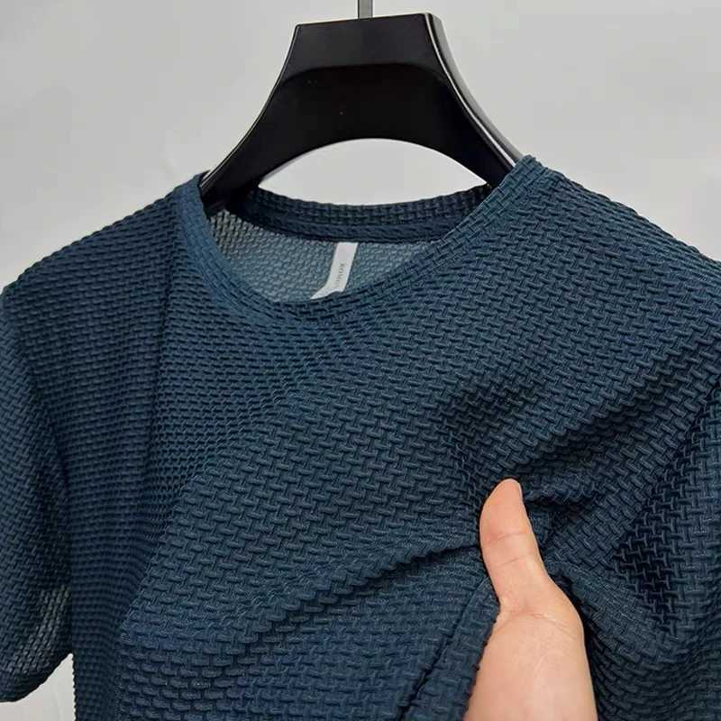 Ice silk bamboo mesh T-shirt mens short sleeved round neck high-end summer thin solid color basic youth fashion polo shirt W250616