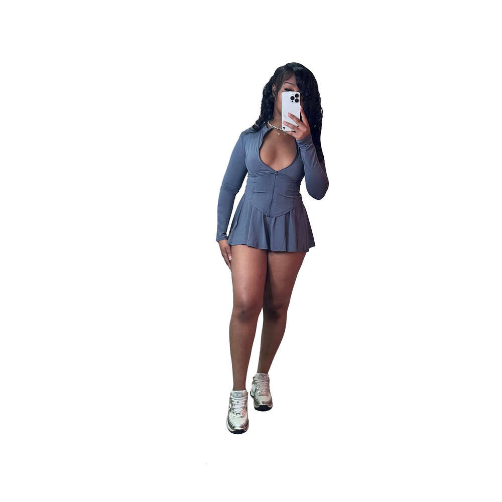 European and American Women's Fashion Sports Casual Tight Waist Long Sleeve Flared Skirt Two-Piece Set (With Safety Shorts) 2025 Elegant Versatil