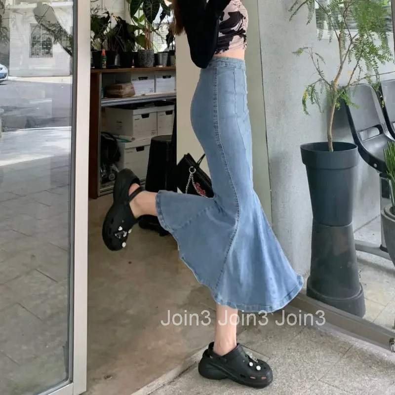 Female Jeans Skirts Midi With Slit Korean Style Streetwear Chic and Elegant Clothing Trend 2025 Harajuku Womens Denim Skirt