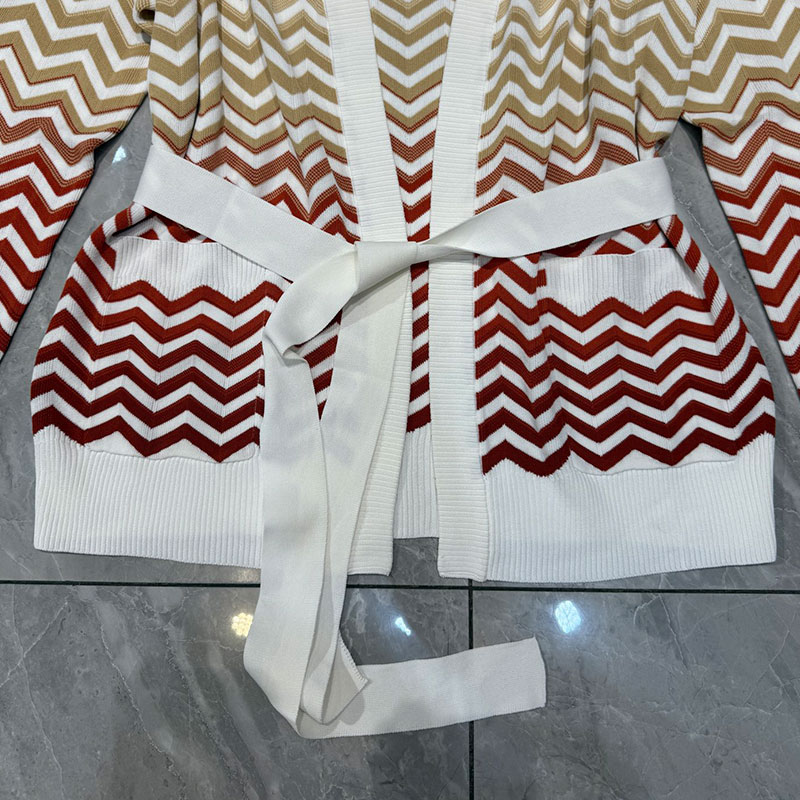 Women's Ombre Herringbone Pattern Cardigan Two Colors Fashion Runway Tie-Waist V-Neck Long Sleeve High-Quality Loungewear Designer Classic Clothe