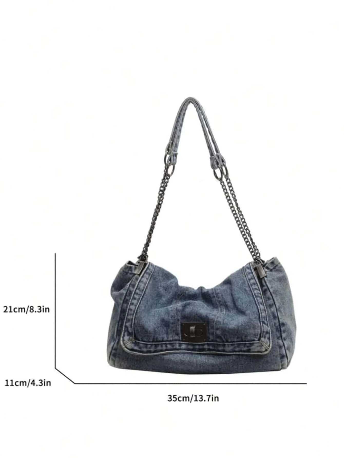 Denim Tote Bag with Metal Buckle and Chain Strap Deep Blue Light Blue Black Vintage Stitching Design for Women Non-Adjustable Small XJ2520616