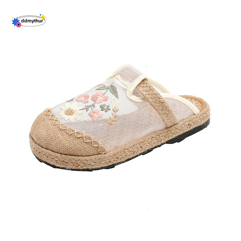 W001 Summer New Mesh Women's Shoes Ethnic Style Elegant Small Flower Embroidered Round Toe Cloth Slippers for Women ddmythur