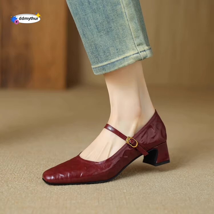 Slimming Square Toe Genuine Shallow Mouth Single for Women, Chunky Heel French Mary Jane Shoes, Burgundy Mid-Heel Leather Shoes ddmythur