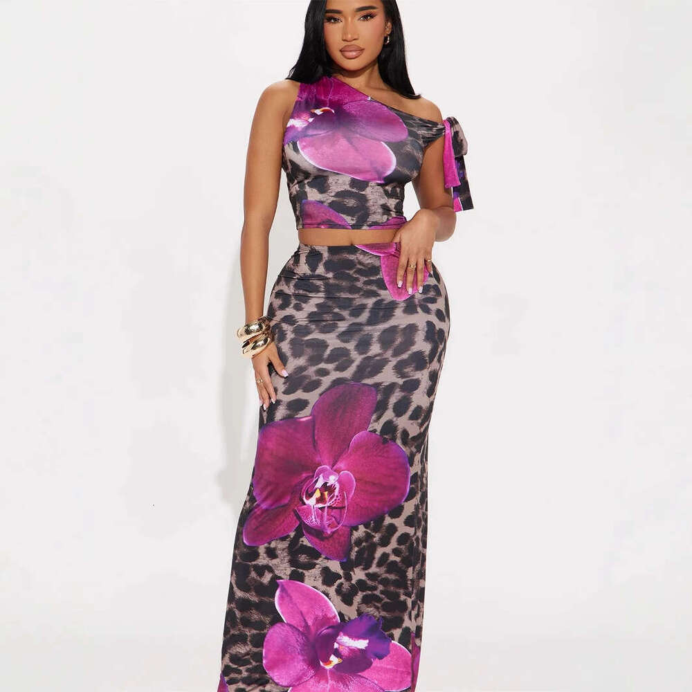 New Fashion Slim Fit Elegant Printed Asymmetric Neck Tie Short Top Bodycon Long Skirt Set B5
