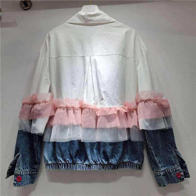 WTHT Fashion Women's Spliced Bows Mesh Edge Denim Jacket 2025 Spring Trendy Lapel Long Sleeves Loose Coat Female 1LS951