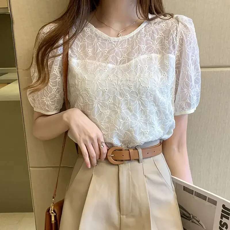 Womens Shirt and Blouse with Puffy Sleeves See-through Female Tops White Summer Print Transparent Cute Elegant Xl Social Youth