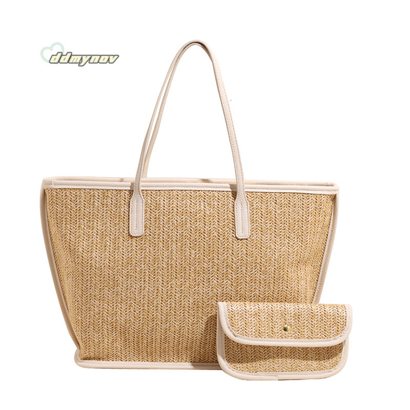 Fashion Color-Block Straw Large Capacity Tote for Women 2025 Spring Simple Versatile Beach Vacation Shoulder Bag Trend ddmynov ddmynov