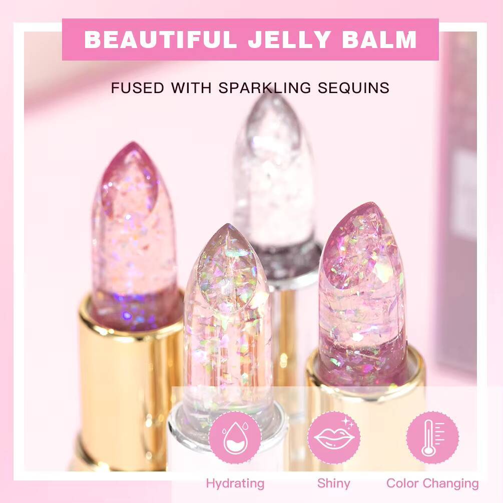 Sparkling Sequins Color Changing Jelly Moisturizing Glitter Pearl Lip Balm Long Lasting Transparent Lipstick Gel happy