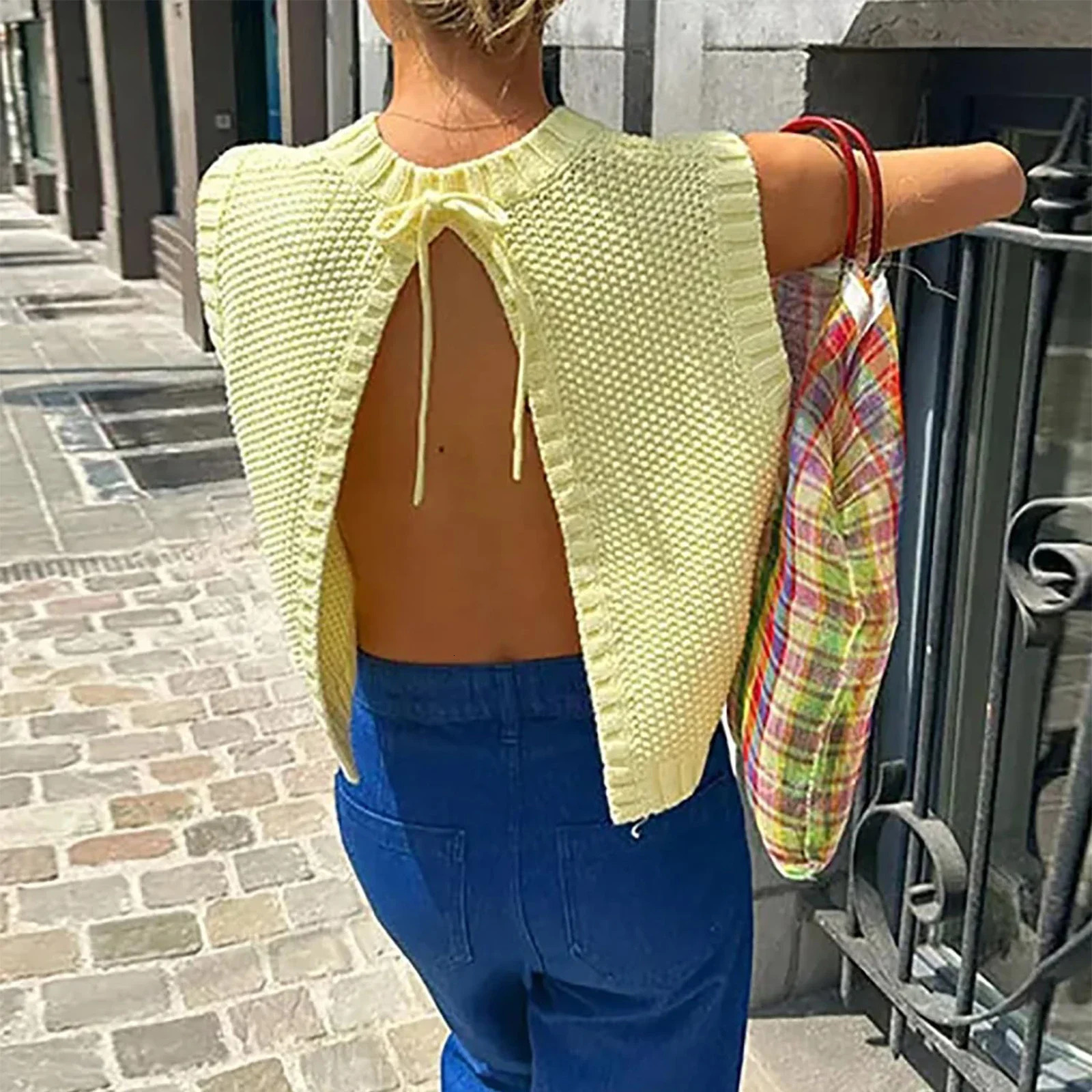 Women Casual Sleeveless Backless Solid Color Loose Tank Tops Sweater Vest Early Fall Open Back Knit Vest 250614