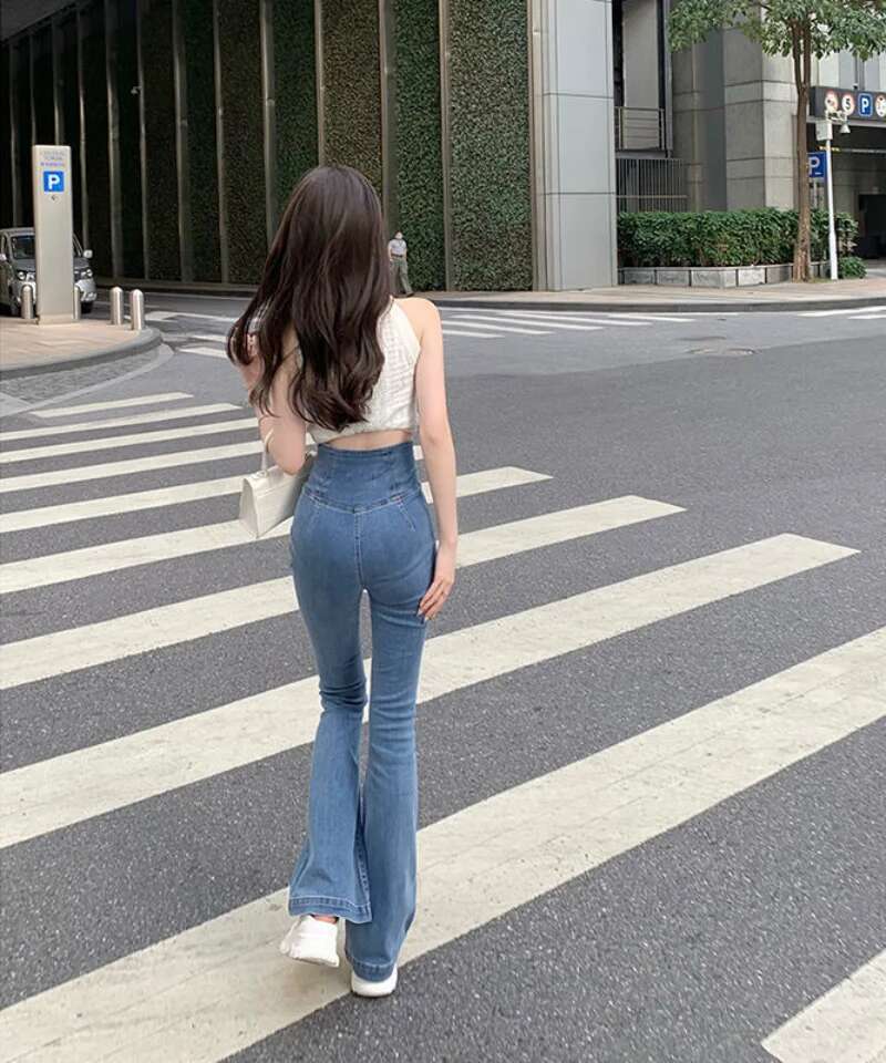 Womens Jeans Bell Bottom Trousers Slim Fit Pants for Women Skinny Flared High Waist Shot Blue Flare Harajuku Fashion Retro Emo