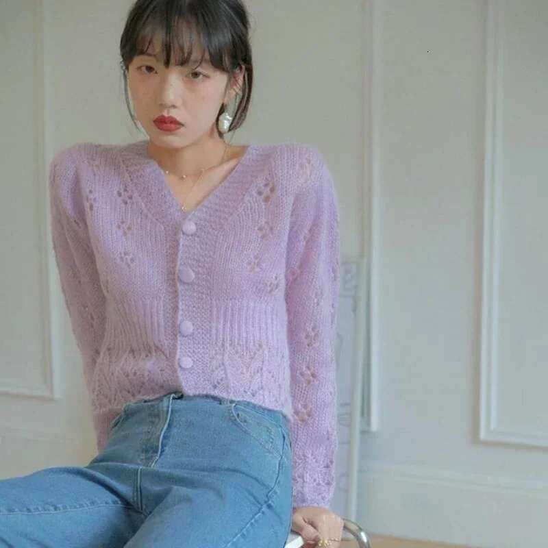 Womens Sweater Crop Mesh Knit Tops For Woman Purple Cardigan Short In Promotion Trend Unique Offers Clothes Korean Style Cheap
