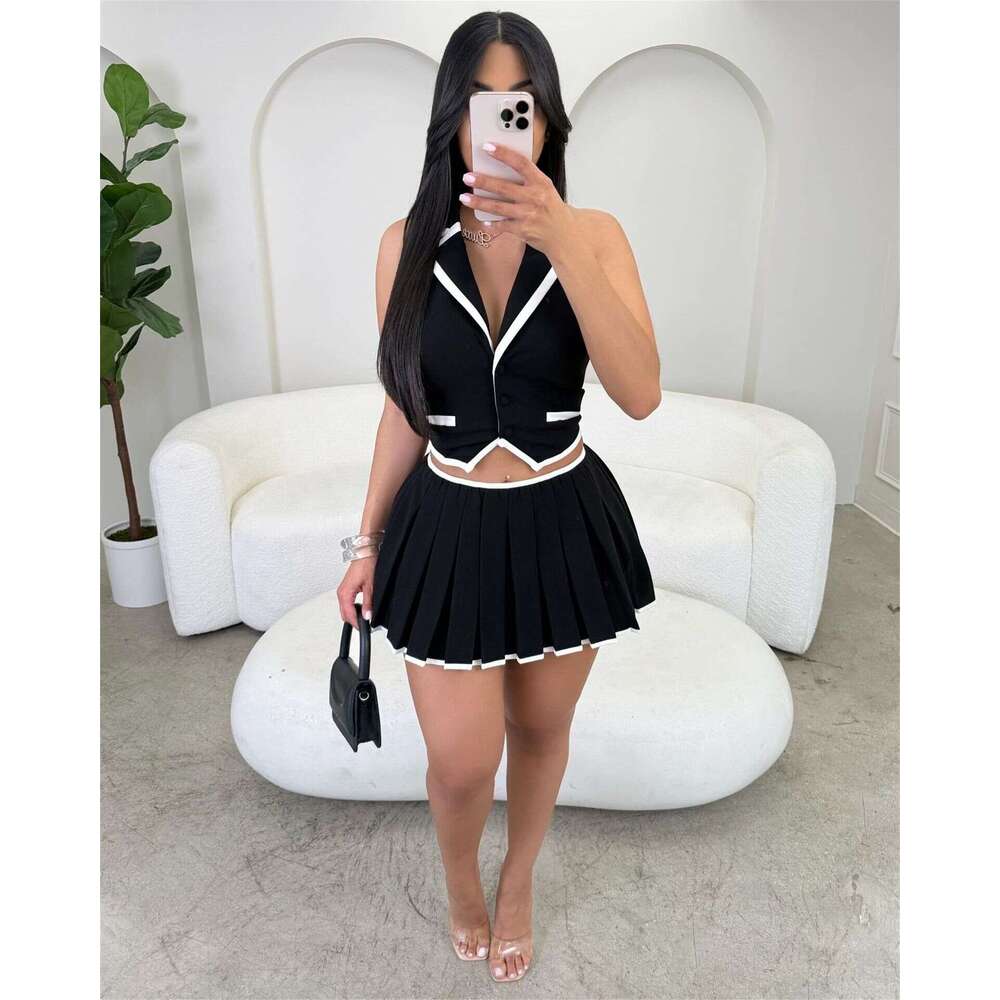 New Fashion College Style Professional Slim Sexy Turn-Down Collar Vest Top Pleated Short Skirt Set For Women B5