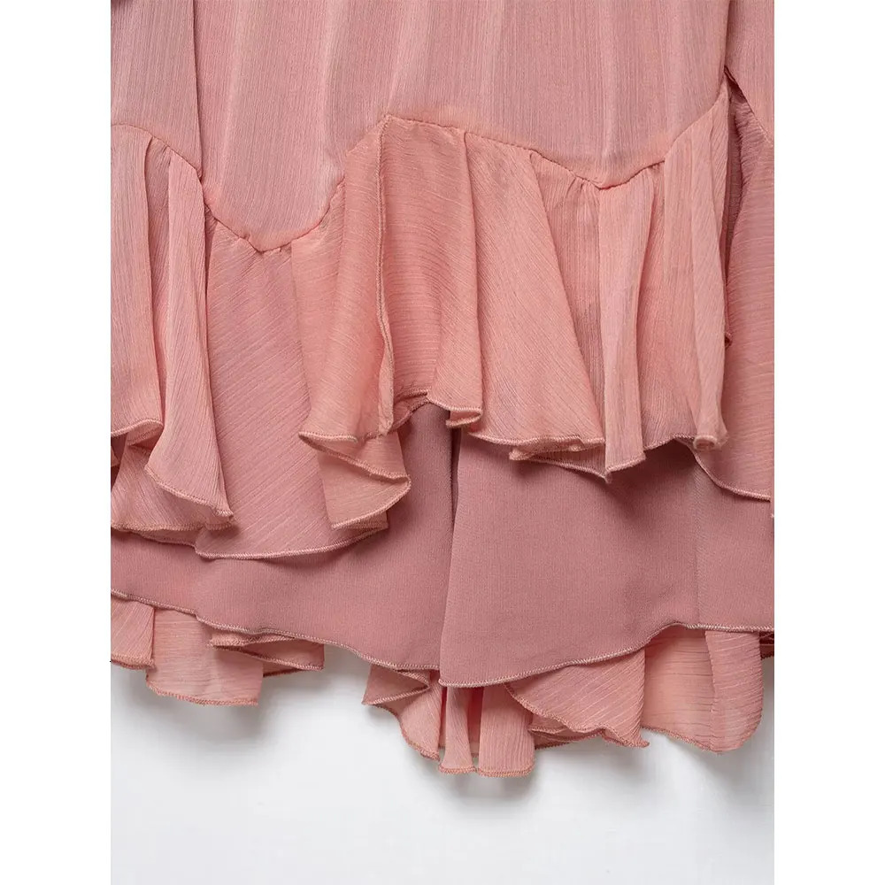 DUOPERI Women Summer Pink Ruffled ALine Mini Dress Back Zipper Thin Straps VNeck Female Elegance Chic Lady Dresses 250611