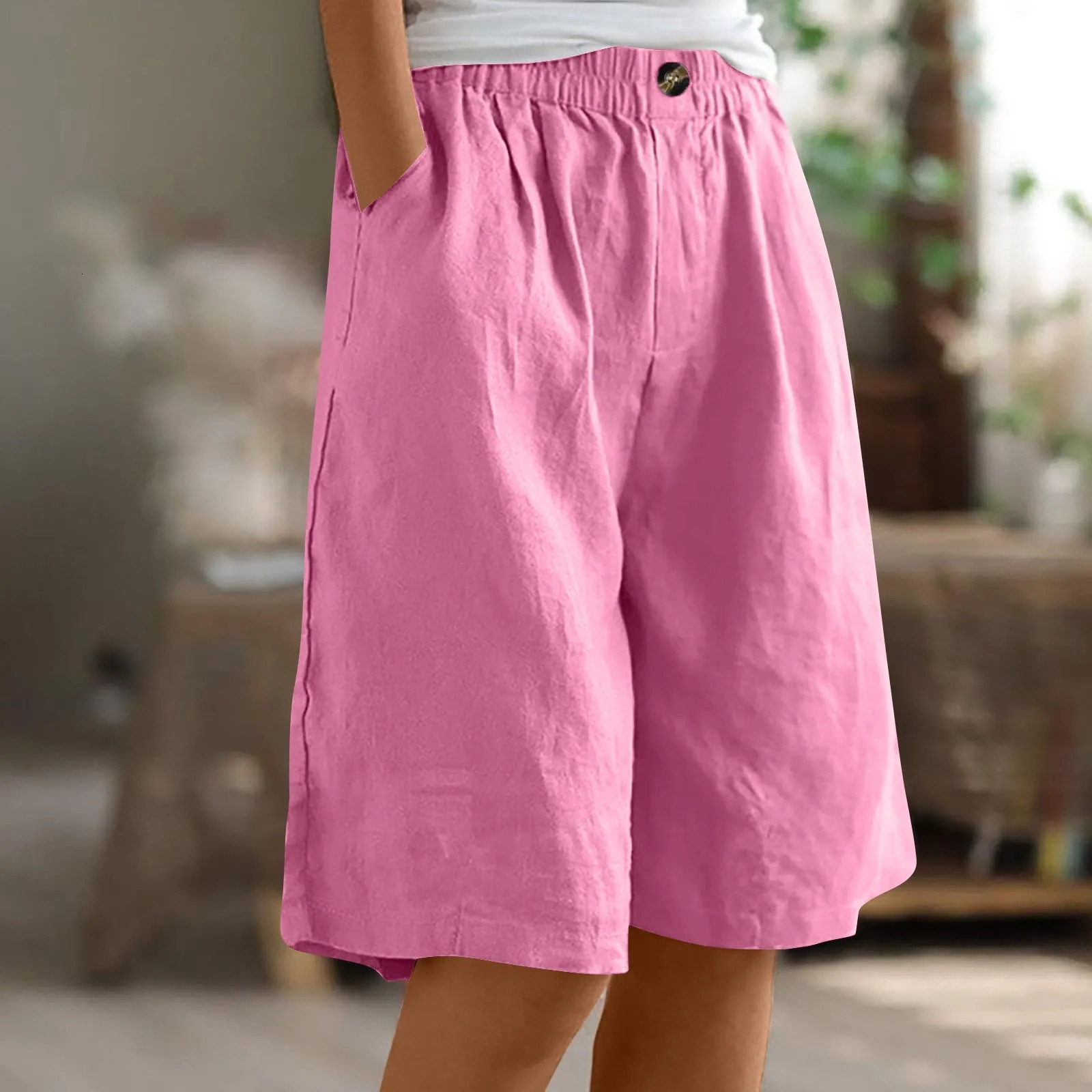 Womens Fashion Solid Color Pants Pocket Button Up Capris Loose Elastic Waist Cotton Linen Shorts 250614