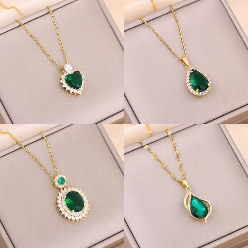 New In Fashion Green Zircon Crystal Pendant Stainless Steel Necklaces For Women Train Retro Style Female Clavicle Chain Jewelry W250616