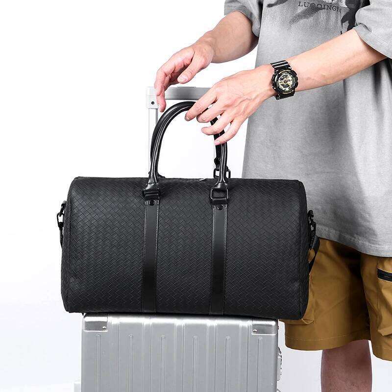 Large capacity black woven leather men's and women's travel handbag shoulder crossbody bag large size lage sac de voyage