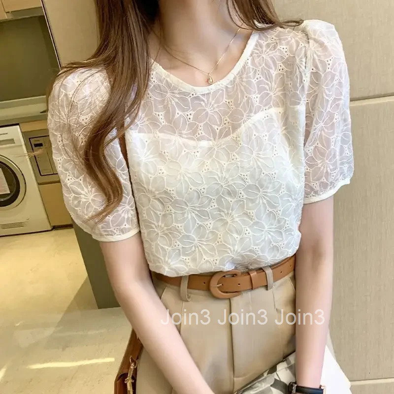 Womens Shirt and Blouse with Puffy Sleeves See-through Female Tops White Summer Print Transparent Cute Elegant Xl Social Youth