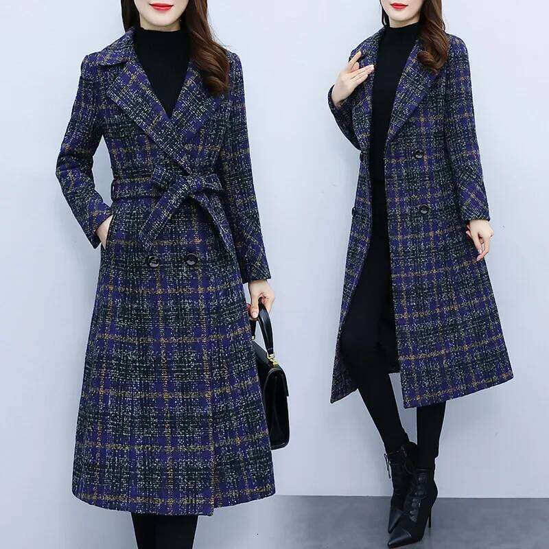 Extended Thickened Woolen Women's Autumn Winter Plaid Outerwear Fashionable Chinese Brand Style Long Coat For Ladies