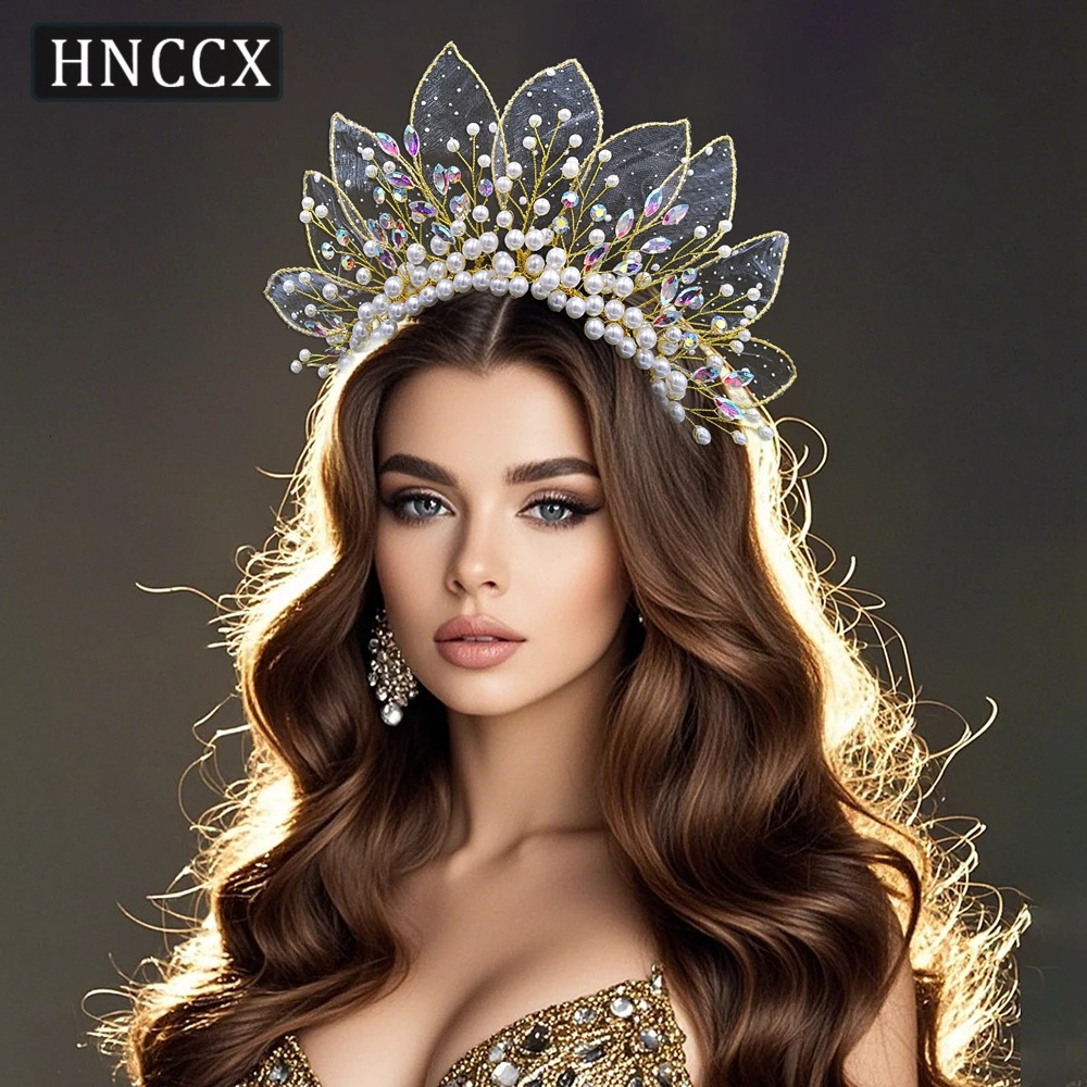 HNCCX Wedding Faux Pearl Hair Hoop Bridal Colorful Rhinestone Headband Bride Headdress Organza Leaf Headwear For Women CP670 250610