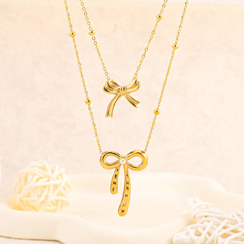 Fashionable Elegant Exquisite Bowknot Pearl Necklace for Women Titanium Steel Light Style High-end Non-fading Jewelry