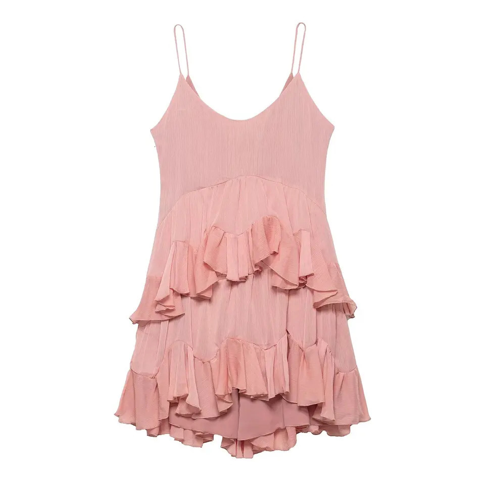 DUOPERI Women Summer Pink Ruffled ALine Mini Dress Back Zipper Thin Straps VNeck Female Elegance Chic Lady Dresses 250611