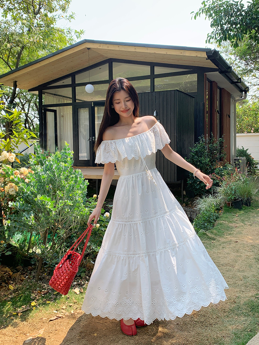 MM50 Summer Tea Break French Temperament Hollow Long Dress Super Fairy Ruffle One Shoulder Dress