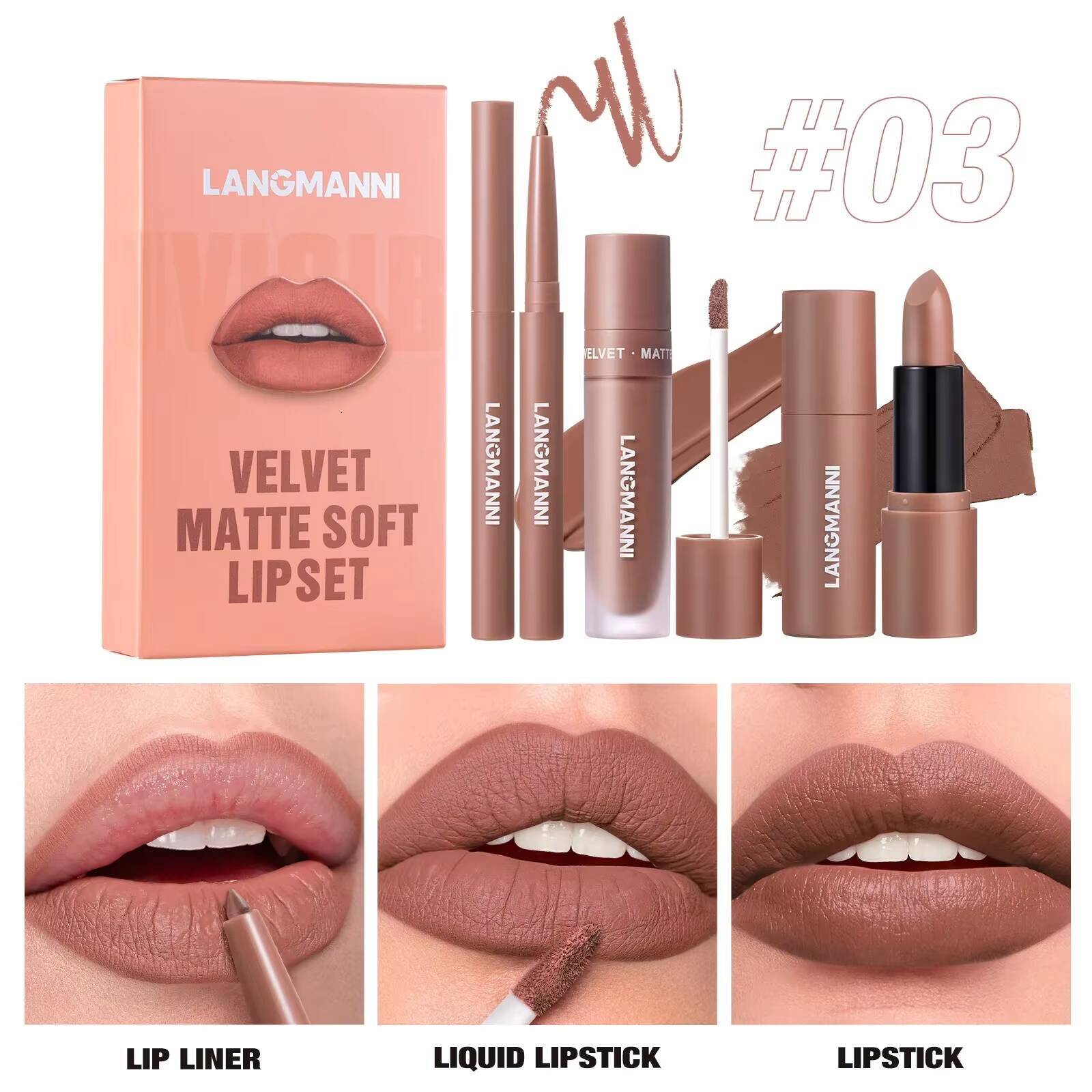 3PCS Matte Lipstick Set Nude Brown Velvet Liquid Gloss Waterproof Non-stick Cup Lip Liner Plumper 24HR Lasting Not Easy Fade happy