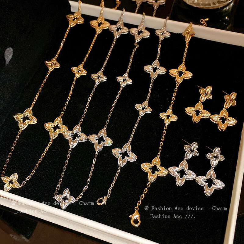 Luxury Jewelry Designer bracelet necklace earrings Real Gold Plated Zircon Rhombus Flower Necklace High end Fashion Sweater Chain Autumn Winter Exquis