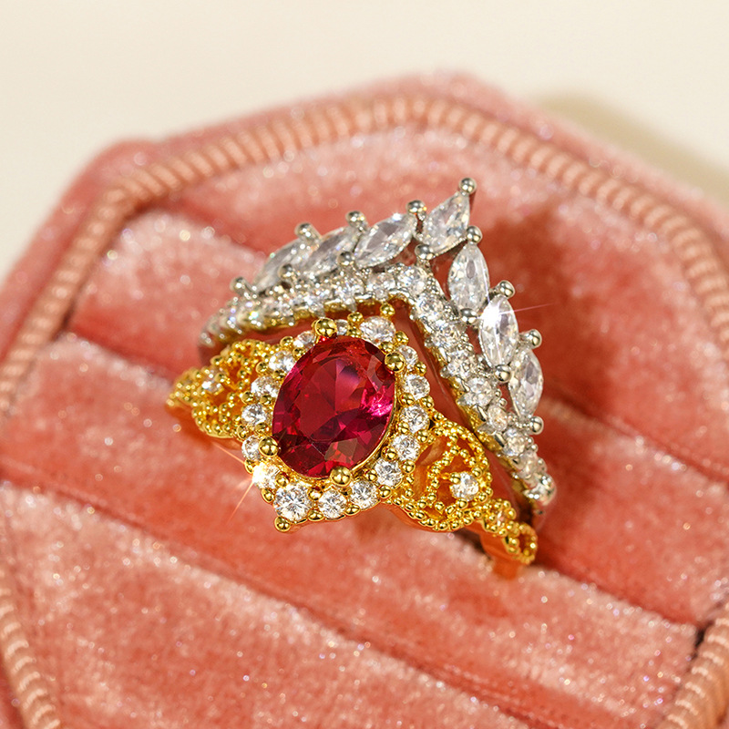 Choucong Brand Wedding Rings Luxury Jewelry 18K White Gold Fill Oval Cut Red Garenet Marquise Zircon CZ Diamond Court Party Women Couple Crown Ring Se