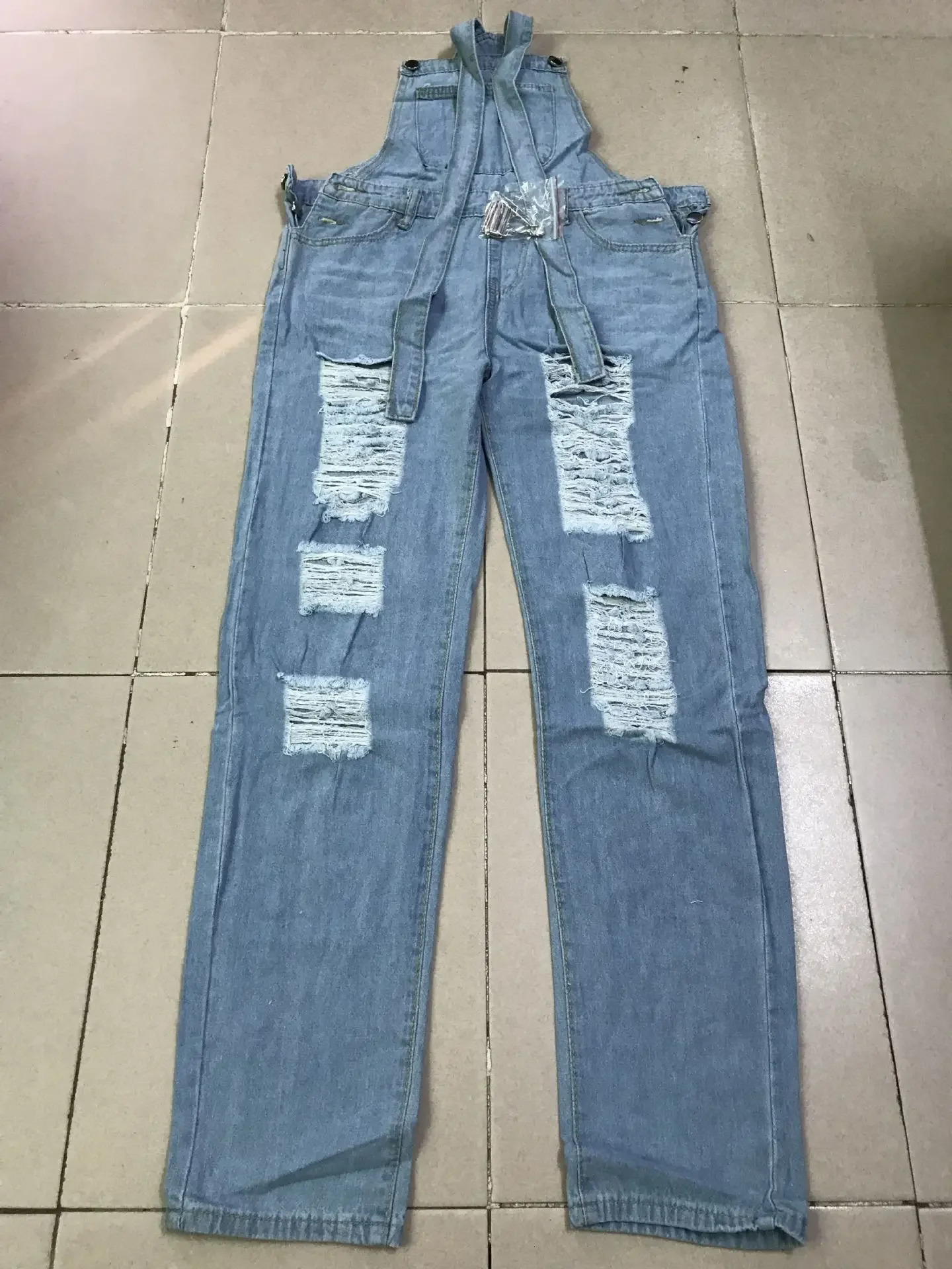 Women Jeans Long Pants Denim Pants One Piece Suspenders Straight Trousers Splice Hole High Waist Casual Overalls Autumn 250609