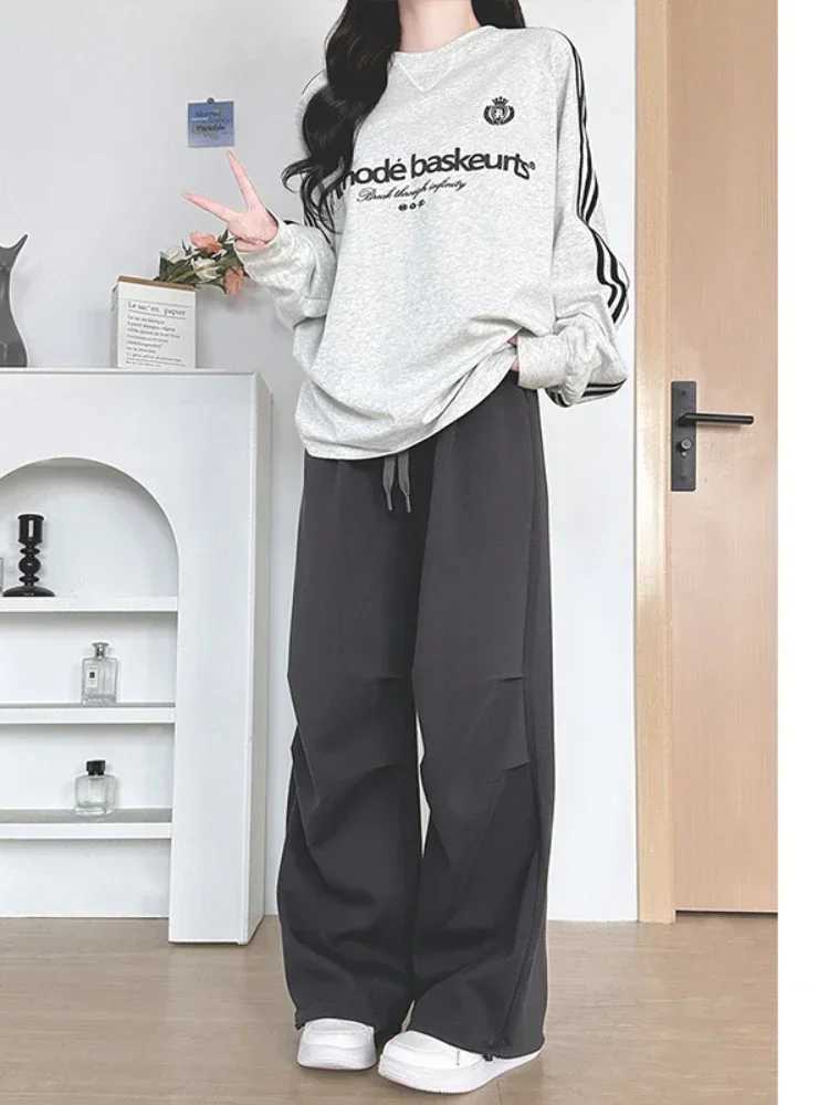 High Waist Casual Wide Leg Work Pants Gray Sports Pants Women Spring Autumn 2025 New Fashion Straight Leg Loose Fit Sweatpants XJ250616