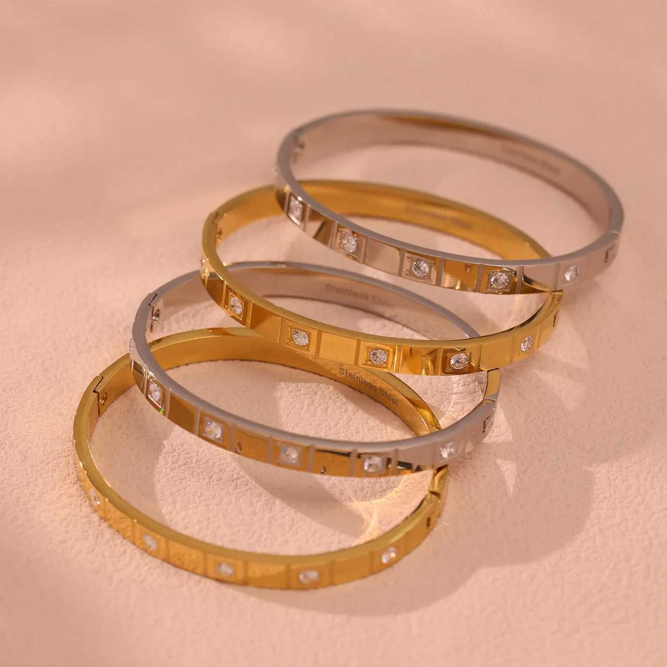 Liora Cast Stainless Steel Round Bangle For Women Cubic Zircon PVD Gold Plated High Quality Rust Proof Bangle Jewelry Z250616