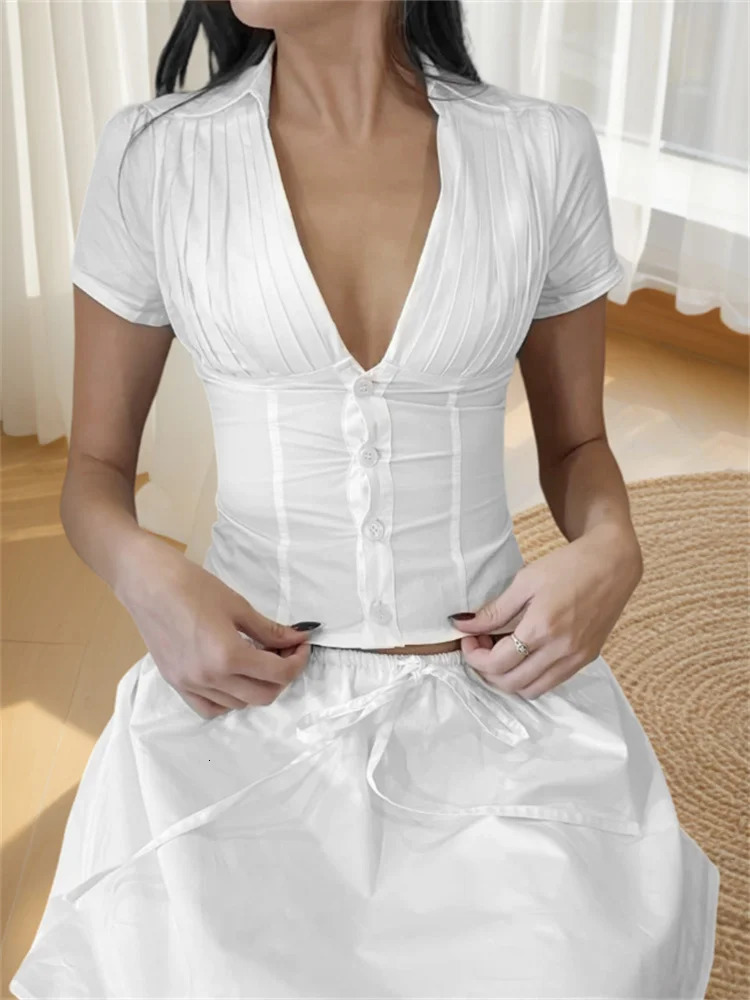 Women Summer Tops Fashion Style V-Neck Button Down Short Sleeve Shirts Casual Chic Blouses 250614