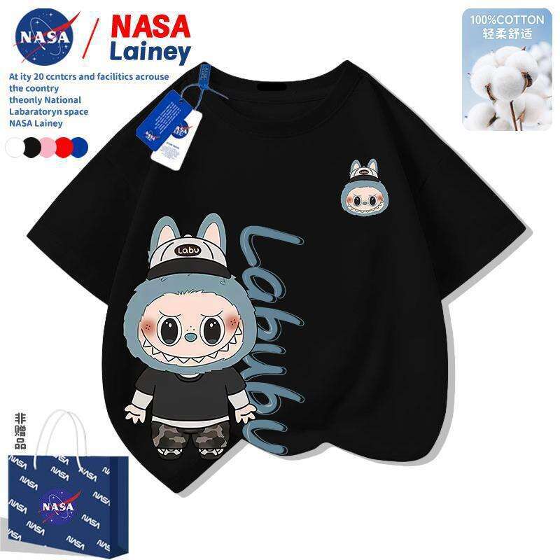 NASA Labubu Children's Short Sleeve Boys and Girls Summer New Cartoon Print T-Shirt Top