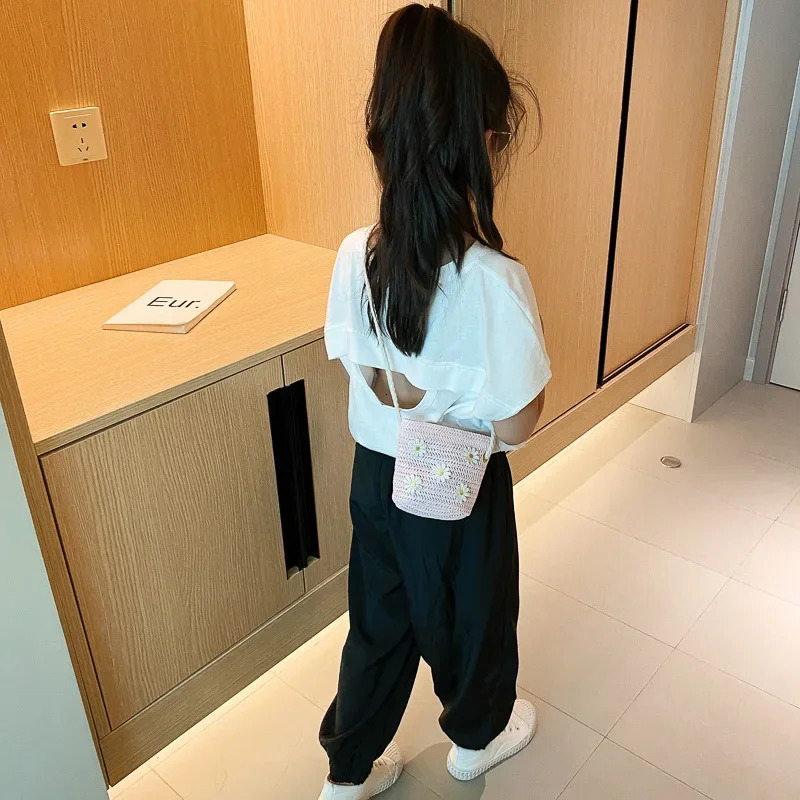 Summer Children Girls Shoulder Bag Daisy Flower Straw Messenger Kids Keys Coin Purse Cute Princess Mini Handbag 250615