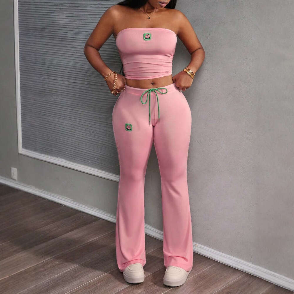 New Fashion Solid Color Embroidered Sleeveless Tube Top Sports Slim Fit Bodycon Long Pants Set For Women B5