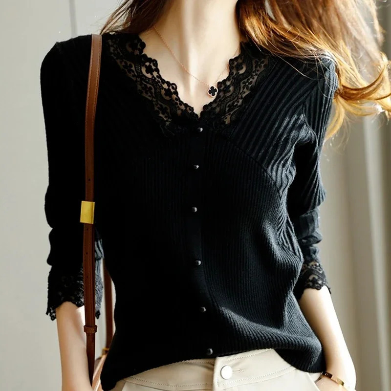 Lace Sweaters for Women Fashion Korean Womens Sweater Trend Long Sleeve Jumper Knitted Harajuku Clothes Crochet Tops Black 250614