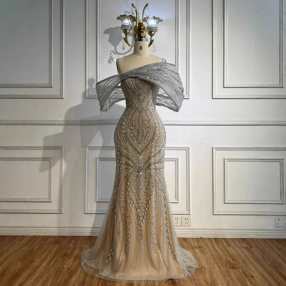 Serene Hill Customized y Off Shoulder Silver Nude Beaded Mermaid Saudi Evening Dress Gown for Formal Occasion LA72878 250612