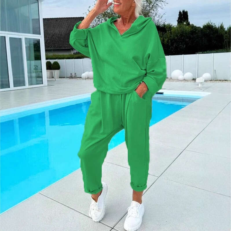 European American Autumn Women's Solid Color Hooded Sweatshirt Two-Piece Set 2025 New Elegant and Unique Fashion