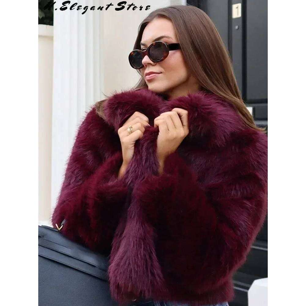 Chic Retro Faux Fur Furry Coat For Long Sleeve Lapel Warm Jackets Solid Coats 2024 Autumn High Street Lady Outerwear
