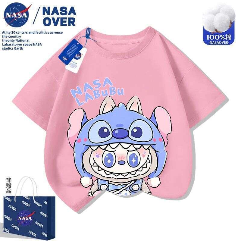 NASA Labubu Children's Short Sleeve Boys and Girls Summer New Cartoon T-Shirt Versatile Casual Top