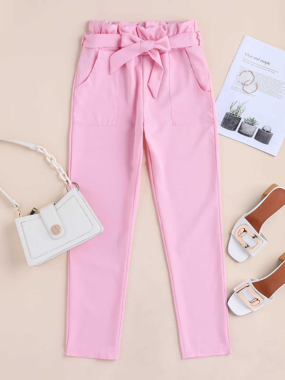 New Fashion Women Four Season High Waisted Belt Casual Cropped Pants Pencil Pants With Small Feet Womens PantsXJ250616