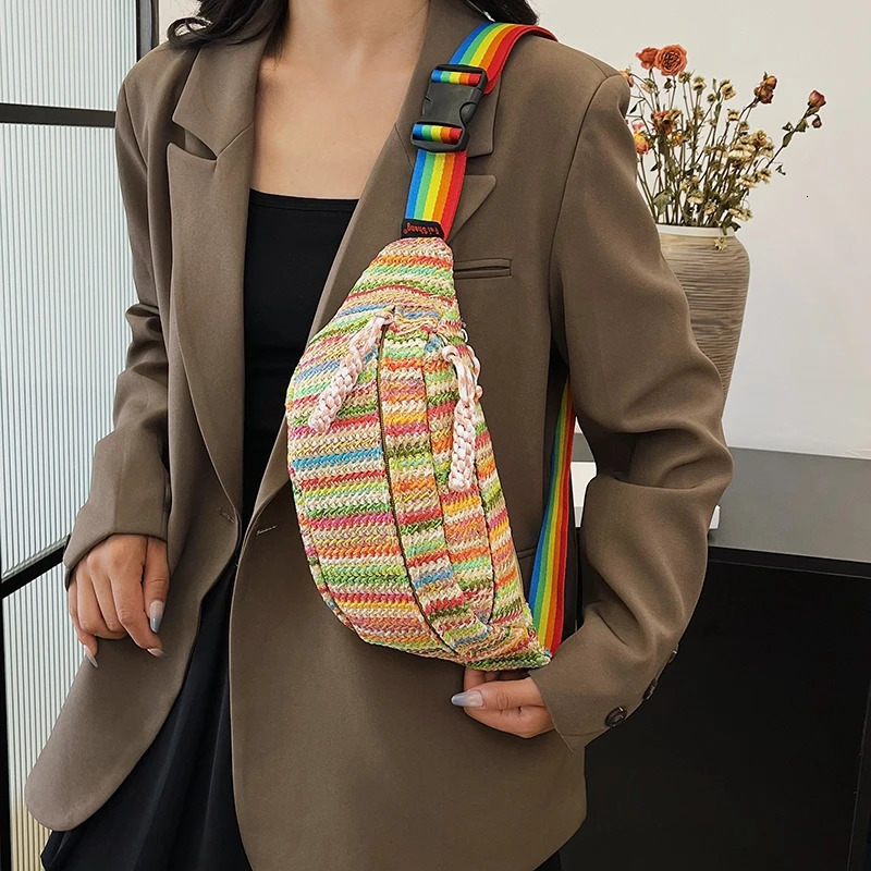 Elegance Lady Fanny Pack Hand Woven Waist Bag Summer Female Belt Bags Rainbow Stripes Crossbody Chest Banana Packs 250612